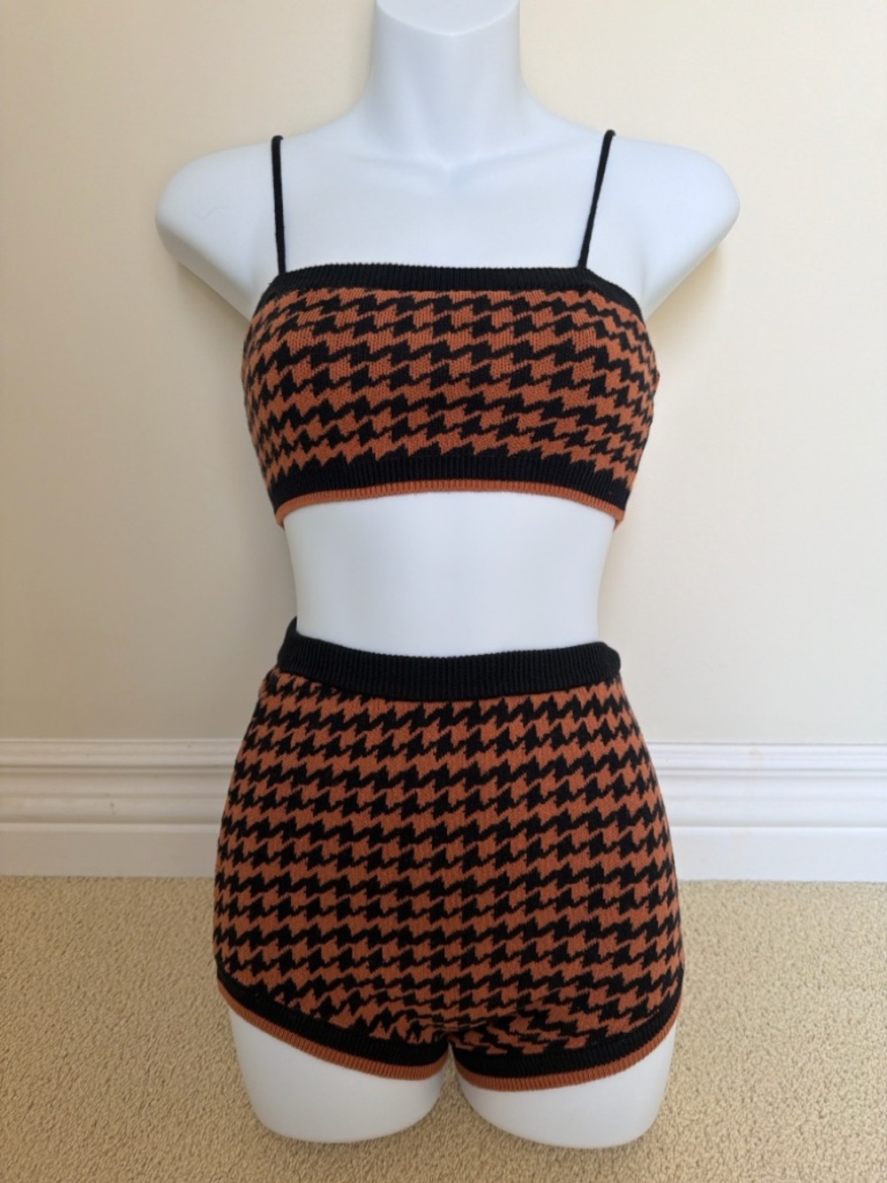 Free People Knit Matching Set Houndstooth Brown/Black XS
